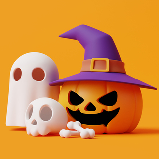 Halloween  jack-o-lantern-pumpkin-wearing-witch-hat-with-skull-bone-ghost-orange-background-3d-render